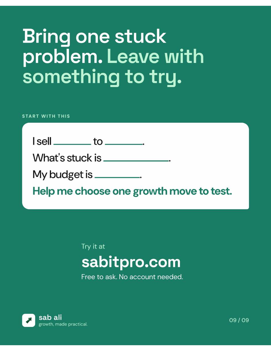 Bring one stuck problem. Leave with something to try. Free at sabitpro.com.
