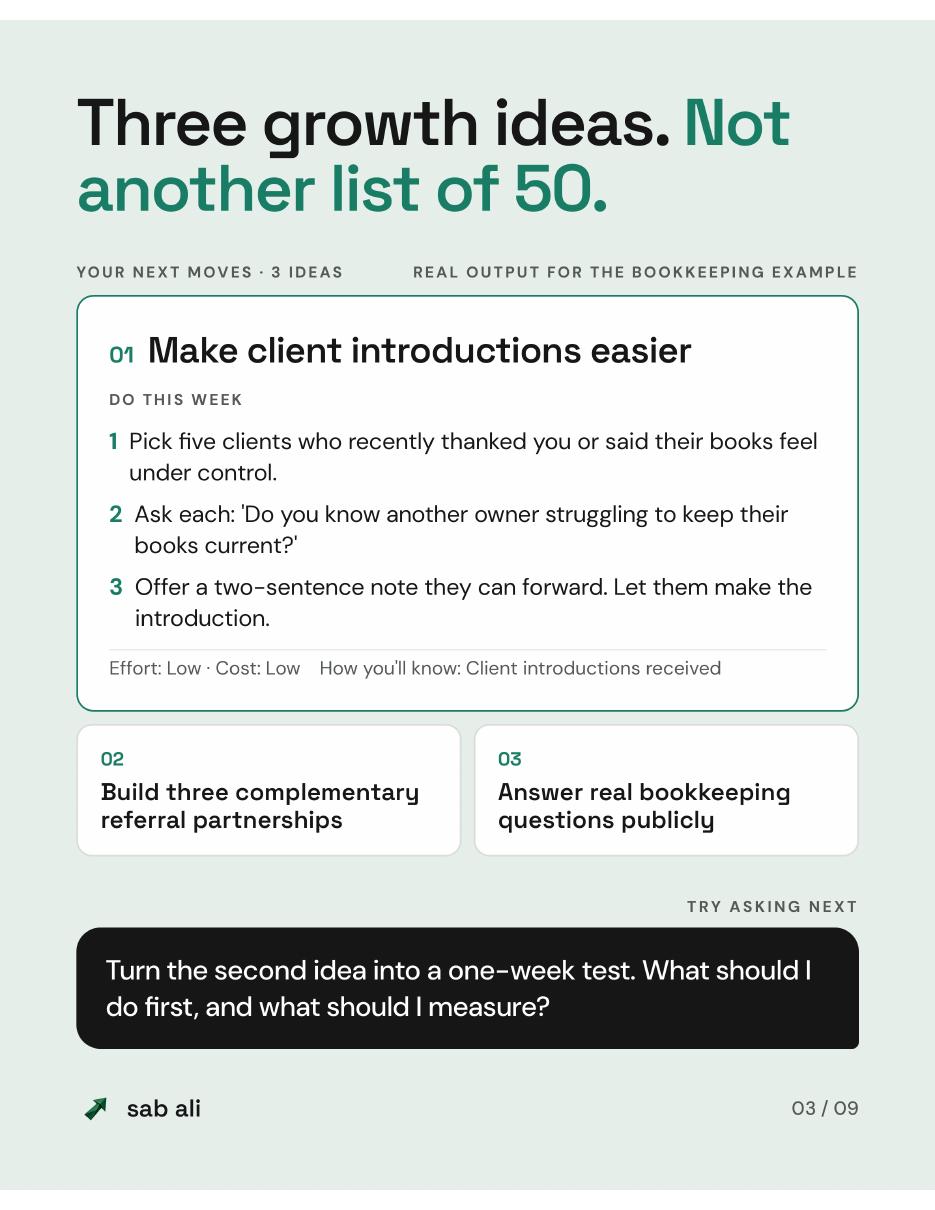 Three growth ideas, not another list of fifty. A real example for a bookkeeping business.