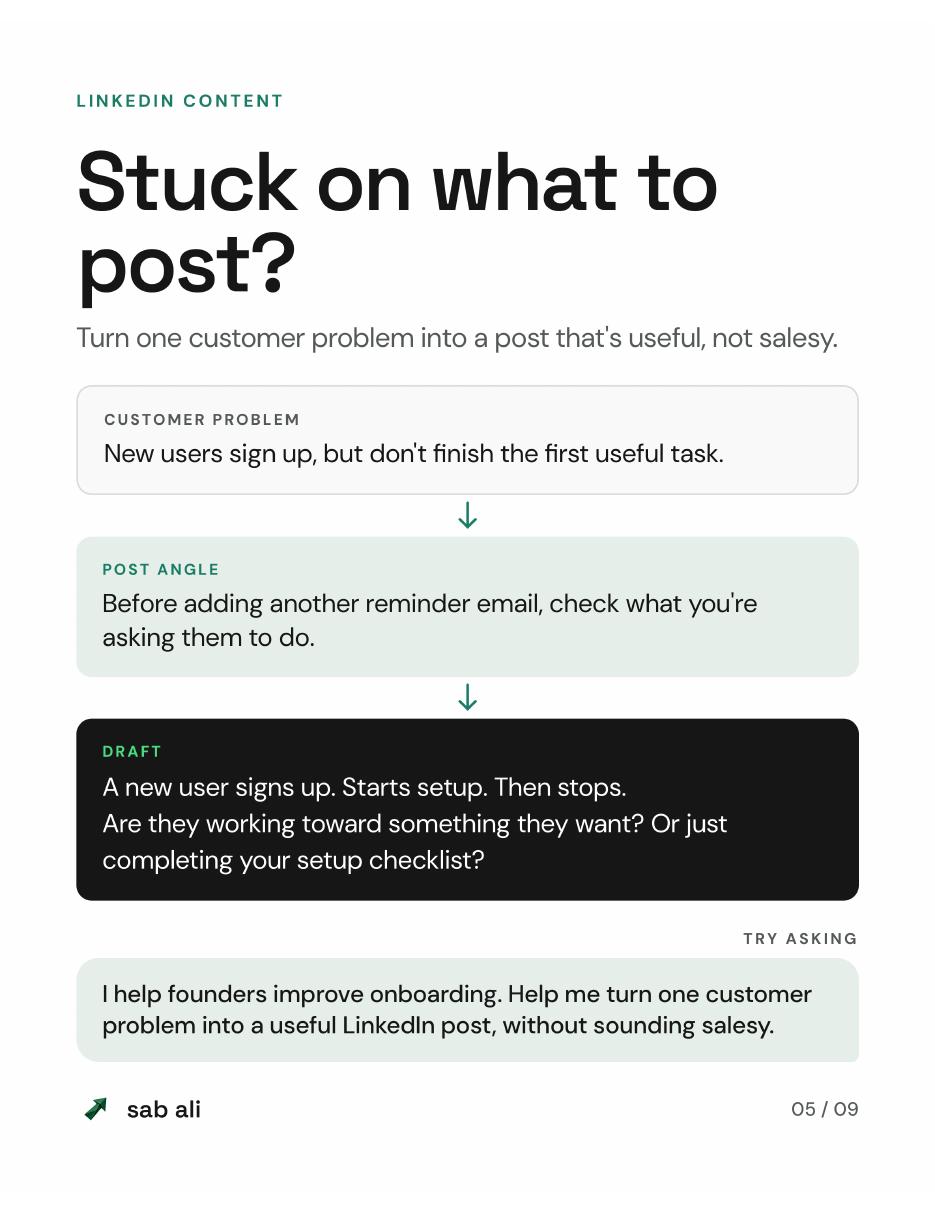 Stuck on what to post? Turn one customer problem into a useful LinkedIn post.
