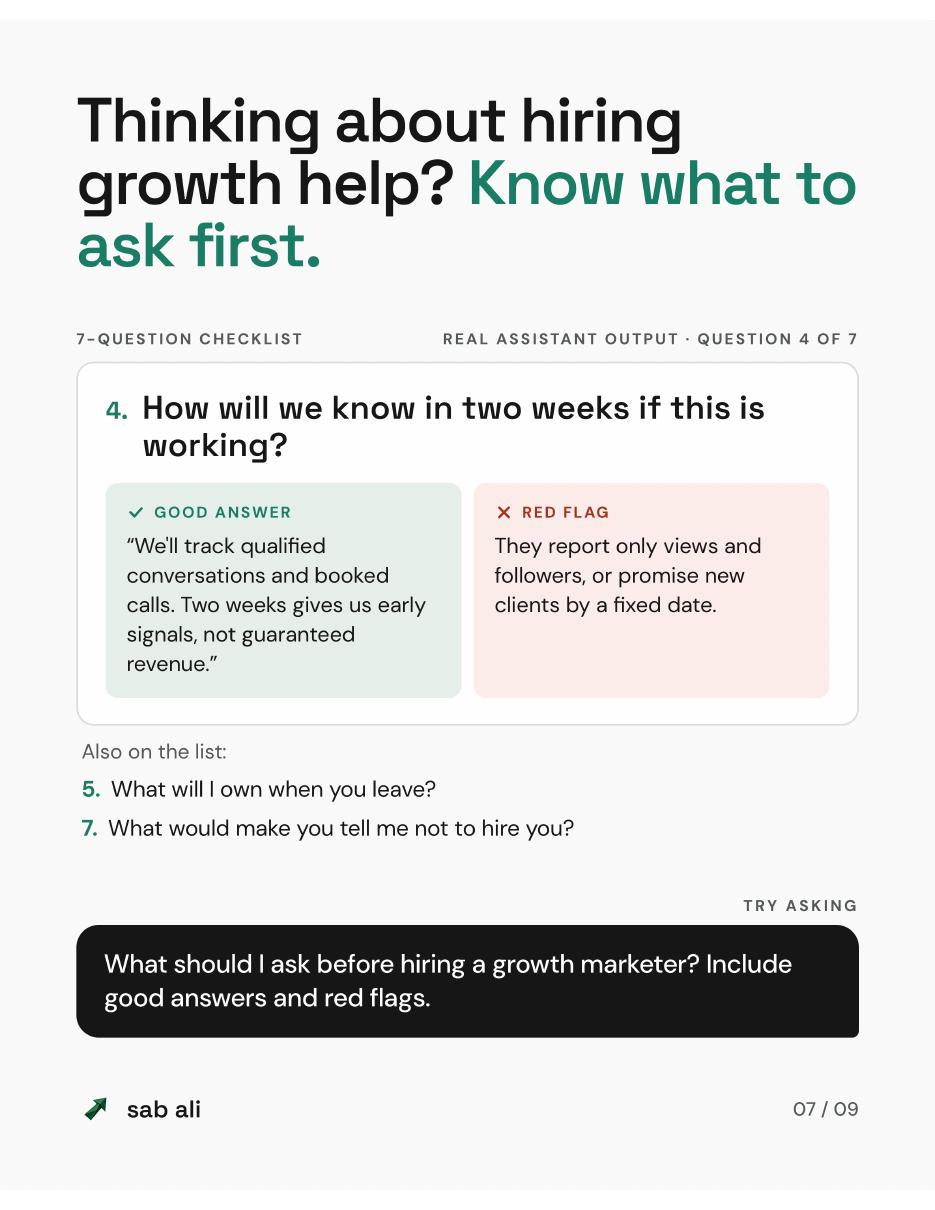 Thinking about hiring growth help? A seven-question checklist with good answers and red flags.